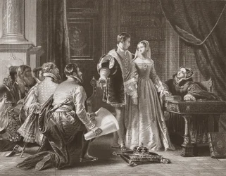 Lady Jane Greys ovilja att acceptera kronan, graverad av A.H. Payne (litho)