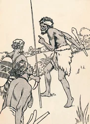 Aboriginalmän närmar sig en nybyggargård, 1912