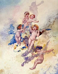 Putti med girlanger av blommor
