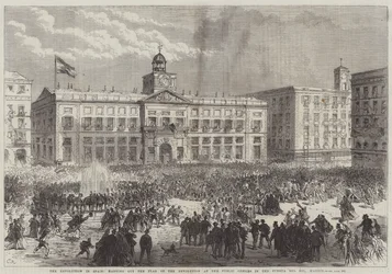 Revolutionen i Spanien, hänger ut revolutionens flagga på de offentliga kontoren i Puerta del Sol, Madrid