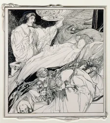 Där låg hon och såg så vacker ut, illustration från Briar Rose, The True Annals of Fairyland - The Reign of King Herla, pub. av J.M. Dent & Co. Ltd., 1900