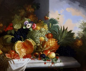 Stilleben med frukt (bl.a. hallon, vindruvor, passionsfrukt, meloner, röda vinbär, ananas, persikor). Målning av Charles Stuart (verksam 1854-1904) Privat samling.