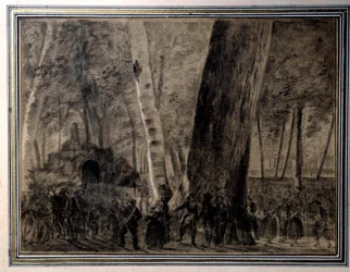 Franska revolutionen: "" Jean-Paul Marats kropp (1743-1793) begravs i Cordeliers trädgård"" Teckning av Charles Thevenin (1764-1838) 1793 Versailles, Musee Lambinet