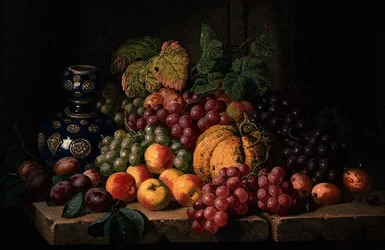 Stilleben med frukt och en blå vas (olja på duk)