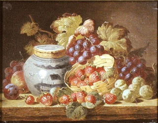 Stilleben med frukt och en ingefäraburk (olja på duk)