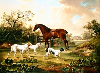 A Bay Hunter och Three Pointers in a Landscape with Lyston Hall Beyond (olja på duk)