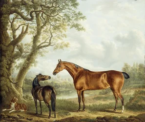 Jägare och en spaniel i ett vidsträckt landskap, 1827