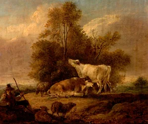 Landskap med boskap och figurer