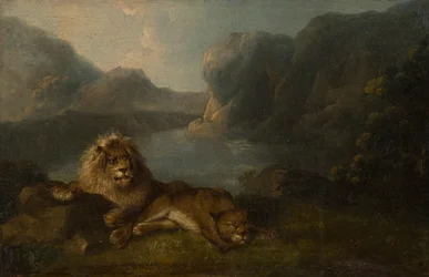 Lejon i ett sjölandskap (olja på panel)