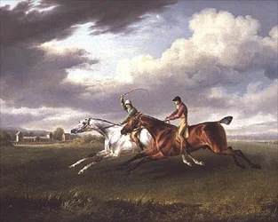 Två kapplöpningshästar med jockeys uppe, tränar i ett landskap (olja på duk)