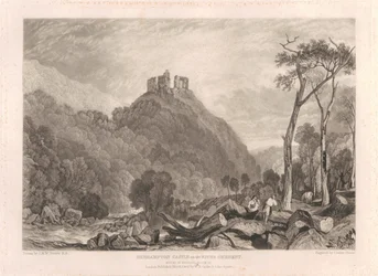 Okehampton Castle vid floden Okement