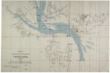 Skiss som visar försvar och kanaler i Charleston Harbour, juni 1864 (bläck på vaxduk)