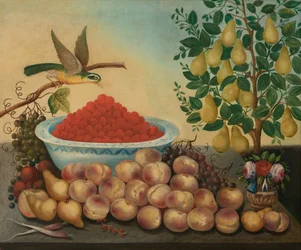 Stilleben: Frukt, fågel och dvärgpäronträd