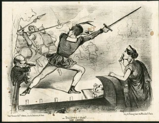 Illustration av Charles Vernier (? -1887) i Le Charivari - Teater, republikens president - Thiers Adolphe, Napoleon III