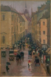 Dienerstrasse i München, i bakgrunden St Peters tornet