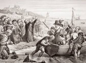 Pilgrimsfädernas avgång från Delft Haven i juli 1620, från 