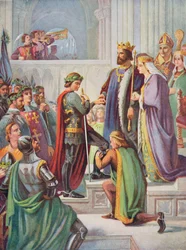 Den svarte prinsens (1330-76) installation som riddare av Strumpebandsorden, illustration ur "Hutchinson