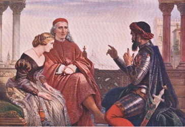 Desdemonas uppvaktning (Othello) "Wherein I spake of most disastrous chances, of moving accidents by flood and field" , från The Complete Works of William Shakespeare, utgiven av J Coker & Co Ltd (färglitografi).