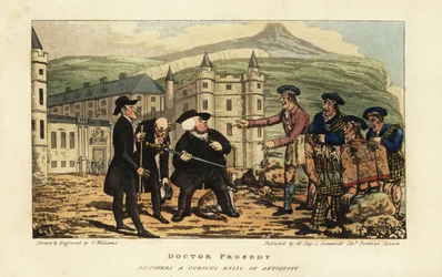 En skotsk murare berättar för engelska turister att deras rostiga gamla falchionsvärd är en modern klinga av Andrea Ferrara framför Holyrood Palace i Edinburgh