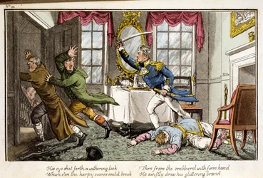 Hans öga gav en vissnande blick ... från The Adventures of a Post Captain, av en sjöofficer, pub. 1820 (handfärgad akvatint)