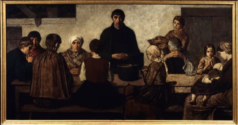 Benedicite Familj ber vid bordet. Målning av Charles Groux dit Degroux (1825-1870) (ec.belg.) 1860 Sön. 0,78x1,51 m Paris, musee d