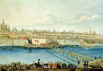 Läggning av Moskvoretsky-bron i Moskva, 1830