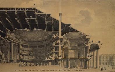 Interiör av den nya Salle de Comedie-Francaise i Théâtre de l