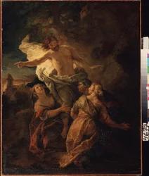 Kristus och de heliga kvinnorna. (Kristus och de heliga kvinnorna). Jesus Kristus uppstår inför de tre jungfrurna. Målning av Charles de La Fosse (1636-1716), tidigt 1680. Fransk konst i barockstil. Olja på duk. Pushkin-museet, Moskva.