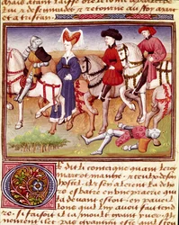 Drottning Iseut (eller Iseult) är en häst åtföljd av miniatyrryttare hämtade från "" Romanesque du Chevalier Tristan"" av mästare Charles av Maine 1440-1460. Chantilly, Conde Museum