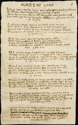 Dikt av Charlotte Bronte. Egenhändigt skrivet exemplar, med strykningar, av dikten "Matin". 12 november 1830, i Haworth, co. York: 1830. Haworth, co. York.