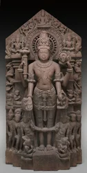 Vishnu och skötare, c.1026 AD (sandsten)