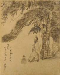 Förbereder elixiret under en tall, Qing-dynastin, 1651 (bläck på guldpapper)