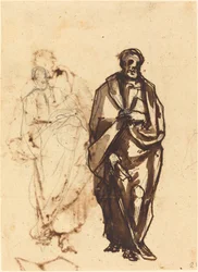 Draperad figur med en stav