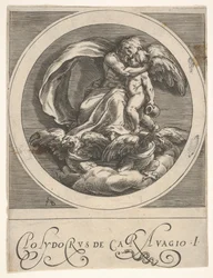 Jupiter, sittande ovanför två örnar och omfamnande Amor, en rund komposition från en serie..., ca. 1590.