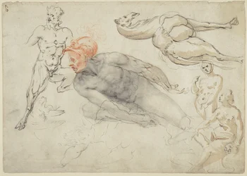 Studier av manliga och kvinnliga nakenstudier, en satyr och en kamel (recto); Staty av Marcus Aurelius (verso)