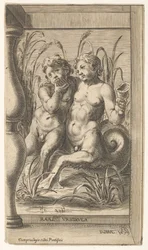 Två tritoner omfamnar, den ena spelar pannpipa, den andra håller ett snäckskal satt inom ..., 1579.
