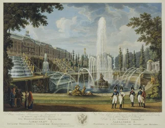 Utsikt över den stora kaskaden, Samson-fontänen och det stora palatset vid Peterhof, tidigt 1800-tal.