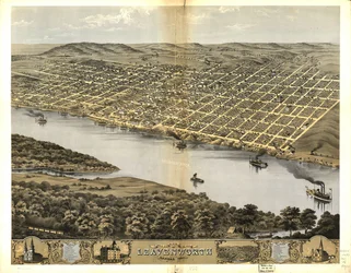 Fågelperspektiv över staden Leavenworth, Kansas 1869