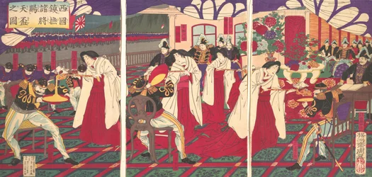 Illustration av befälhavarna som pacificerade västra Japan, mottagande av kejsarens G..., juli 1877.