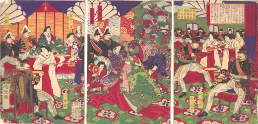 Ledarna för pacificeringen av Kagoshima-rebellerna firar med bägare ..., 20 september 1877.
