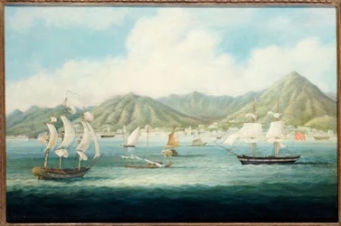 En vy över Victoria, Hong Kong med brittiska skepp och andra fartyg, c.1850
