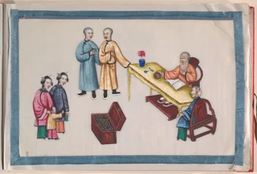 Album, sent 1800-tal (album med tolv blad; tusch och färg på märgpapper, inbundet i röd damast)