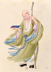 En gammal kinesisk man, illustration från ett album med mytologiska kinesiska personer (wc på papper)