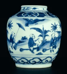 Blå och vit burk målad med pojkar som leker på hobbyhästar, Wanli eller Chongzheng, 1600-30 (porslin) (se 206093, 206095, 206096)
