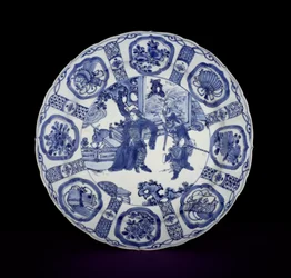Blått och vitt kraakfat målat med krigare, Wanli, 1590-1610 (porslin)