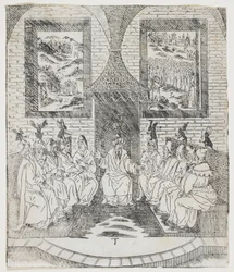 Kaifas och de äldstes råd, tallrik från Giulio Alenis Tianzhu jiangsheng zhuxiang jingjie (En illustrerad historia om himlens Herre som blev inkarnerad i köttet), Jinjiang-kyrkan, Fuji