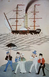Kinesisk målning av det första brittiska ångfartyget och passagerarna som landar i Kanton ca 1840 (se även 268028).