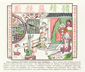 Kristen gris sågas på mitten, medan en andra krossas i en mortel, straff som väntar på konverterade till kristendomen, 1891