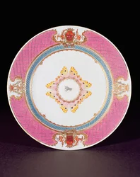 Middagstallrik målad i Famille Rose-emaljer med armarna från Grimaldi di Castro, Yongzheng-perioden (1723-35) c.1735 (porslin)