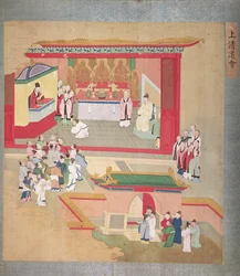 Kejsar Hui Tsung (r.1100-26) övar med den buddhistiska sekten Tao-See, från A History of the Emperors of China (färg på siden)